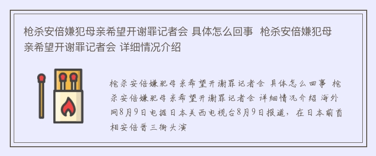 枪杀安倍嫌犯母亲希望开谢罪记者会 具体怎么回事  枪杀安倍嫌犯母亲希望开谢罪记者会 详细情况介绍