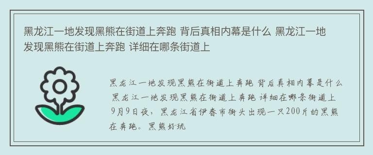 黑龙江一地发现黑熊在街道上奔跑 背后真相内幕是什么 黑龙江一地发现黑熊在街道上奔跑 详细在哪条街道上