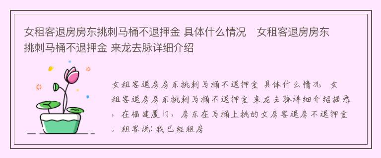 女租客退房房东挑刺马桶不退押金 具体什么情况   女租客退房房东挑刺马桶不退押金 来龙去脉详细介绍